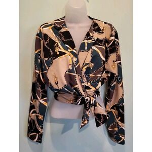 NWOT ReVamped Chain Print Old Money Cropped Long Sleeve Wrap Top Sz M